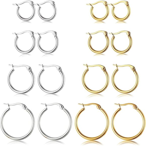 Jewelry - Women’s Stainless Steel Hoop Earrings Set 8 Pairs Gold Silver 10-20MM